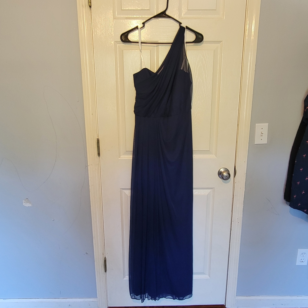 David's Bridal One-Shoulder Gown in Deep Blue